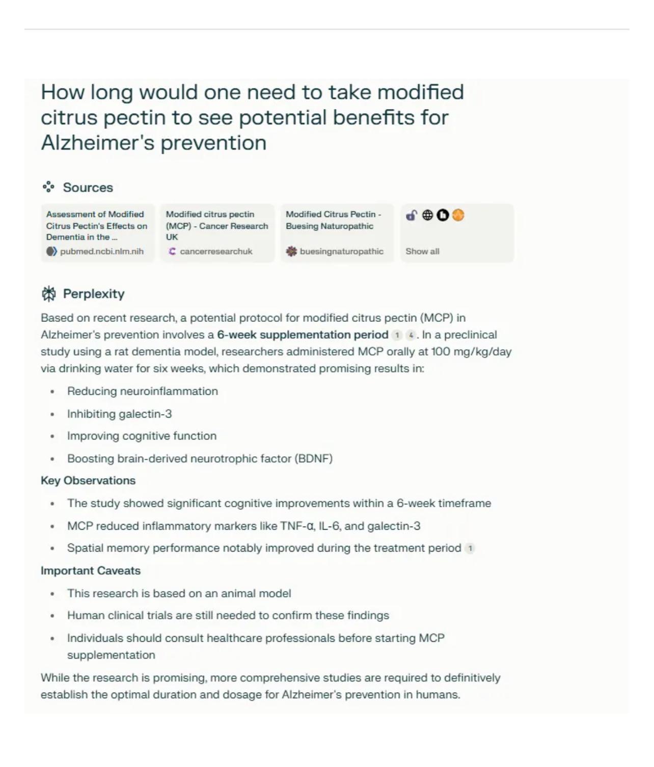 MCP and Alzheimer’s prevention — six-week protocol research summary