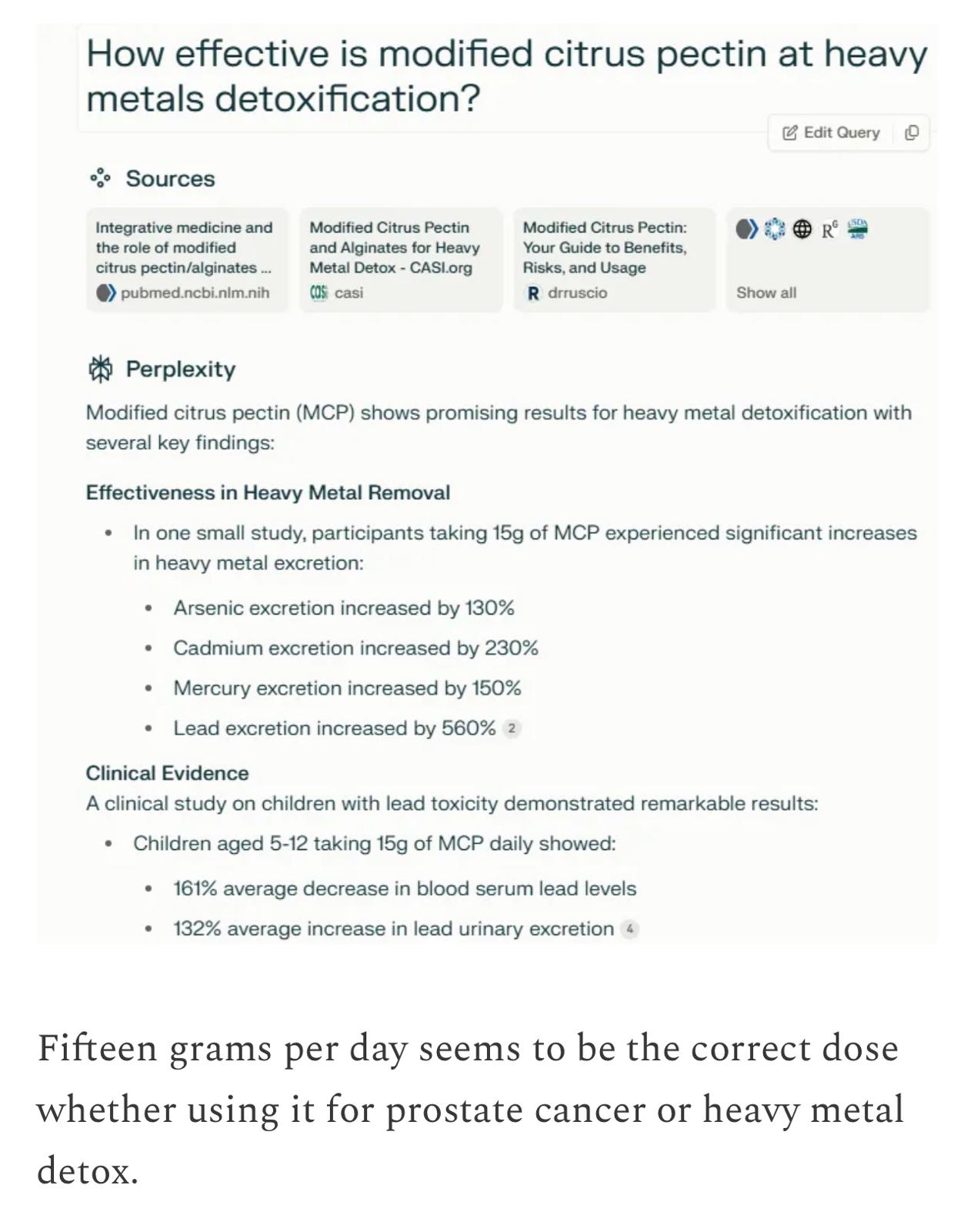 MCP heavy-metal detox effectiveness and 15g daily dose note