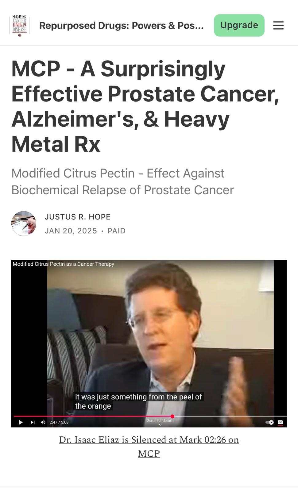 Justus R. Hope article on modified citrus pectin with Dr. Isaac Eliaz video