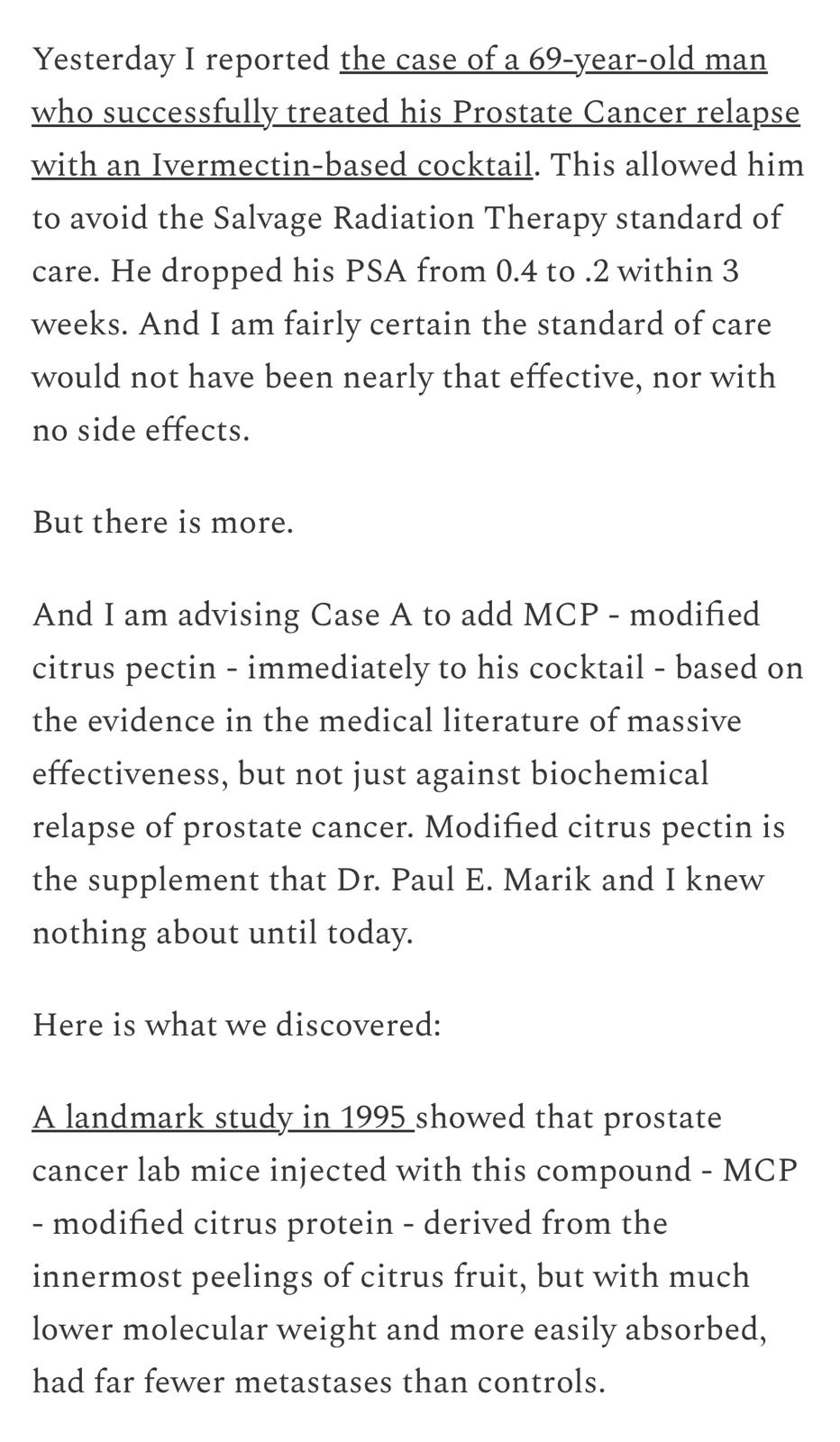 Prostate case study mentioning ivermectin, MCP, and Dr. Paul Marik