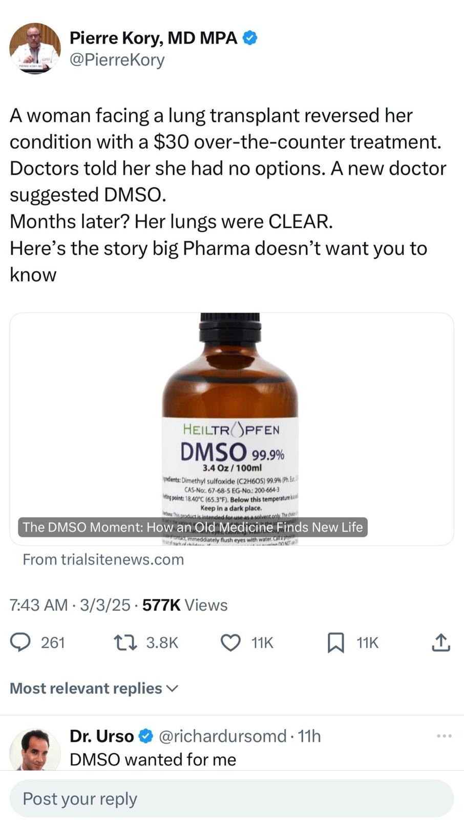 Screenshot of Pierre Kory social post on DMSO and lung transplant case